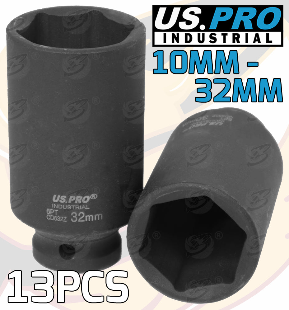 US PRO INDUSTRIAL 18PCS 1/2" DRIVE 6 POINT DEEP IMPACT SOCKETS 10MM - 32MM