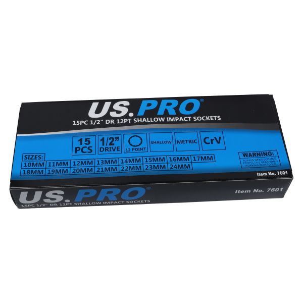 US Pro 15 Piece 1/2" Drive 12 Point Shallow Impact Sockets 10mm To 24mm  7601