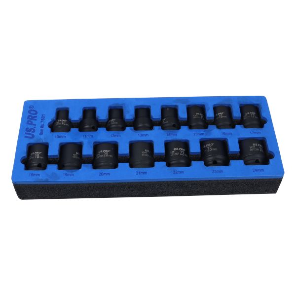 US Pro 15 Piece 1/2" Drive 12 Point Shallow Impact Sockets 10mm To 24mm  7601