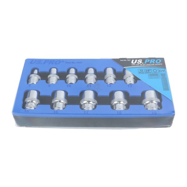 US Pro 12 Piece 3/8" Drive 6 Point Shallow Sockets 8mm - 19mm  7607