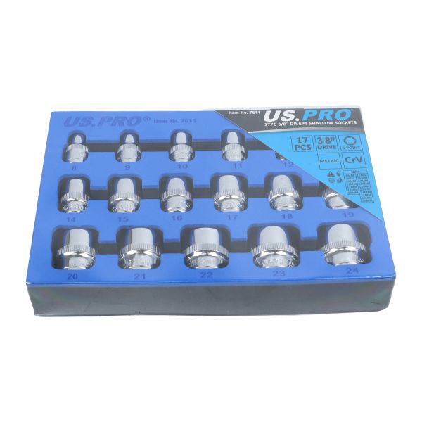 US Pro 17 Piece 3/8" Drive 6 Point Shallow Sockets 8mm - 24mm  7611