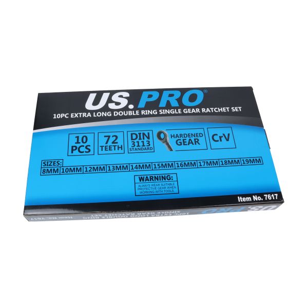 US Pro 10 Piece Extra Long Double Ring Single Gear Ratchet Set   7617