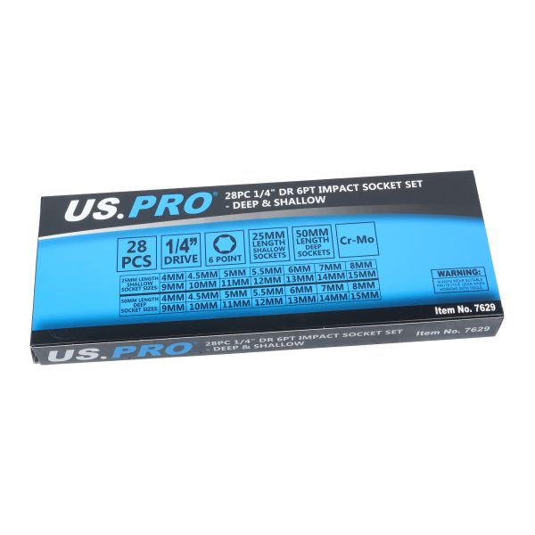 US Pro 28 Piece 1/4" Drive 6 Point Deep & Shallow Impact Sockets 4mm - 15mm  7629