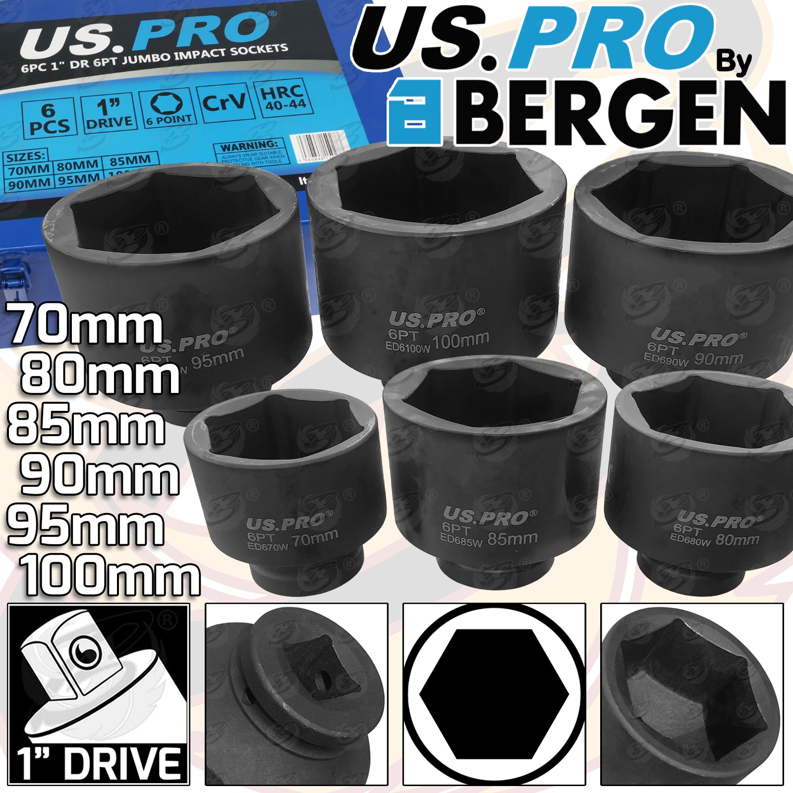 US PRO 6PCS 1" DRIVE 6 POINT JUMBO IMPACT SOCKETS ( 70MM - 80MM - 85MM - 90MM - 95MM - 100MM )
