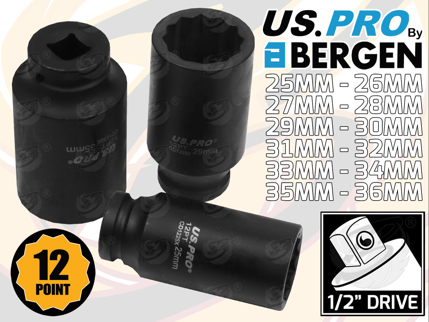 US PRO 12PCS 1/2" DRIVE 12 POINT DEEP IMPACT SOCKETS 25MM - 36MM