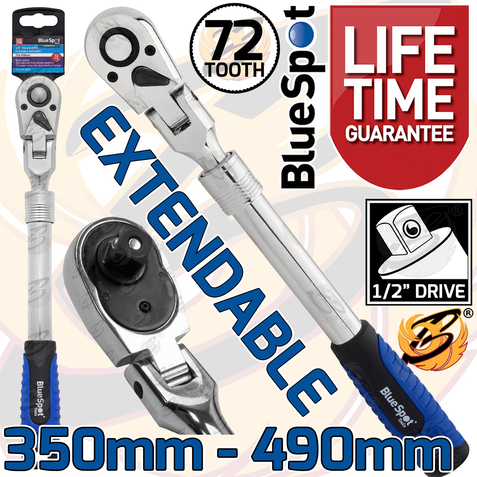 BLUESPOT 1/2" DRIVE 72 TOOTH EXTENDABLE FLEXIBLE RATCHET HANDLE ( 350MM - 490MM )