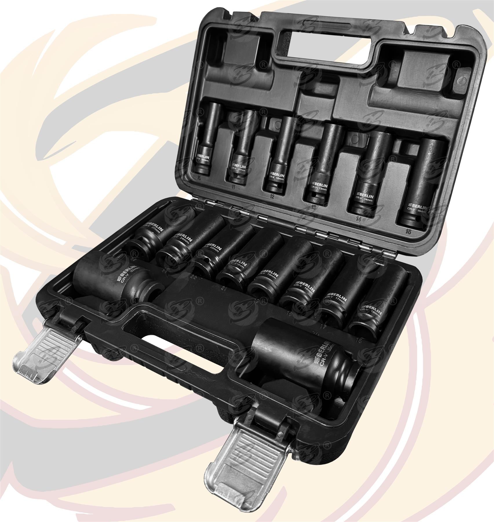 BERLIN 16PCS 1/2" DRIVE 6 POINT DEEP IMPACT SOCKETS 10MM - 32MM