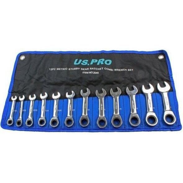 US Pro 12 Piece Stubby Combination Ratchet Spanners 8mm - 19mm 2045