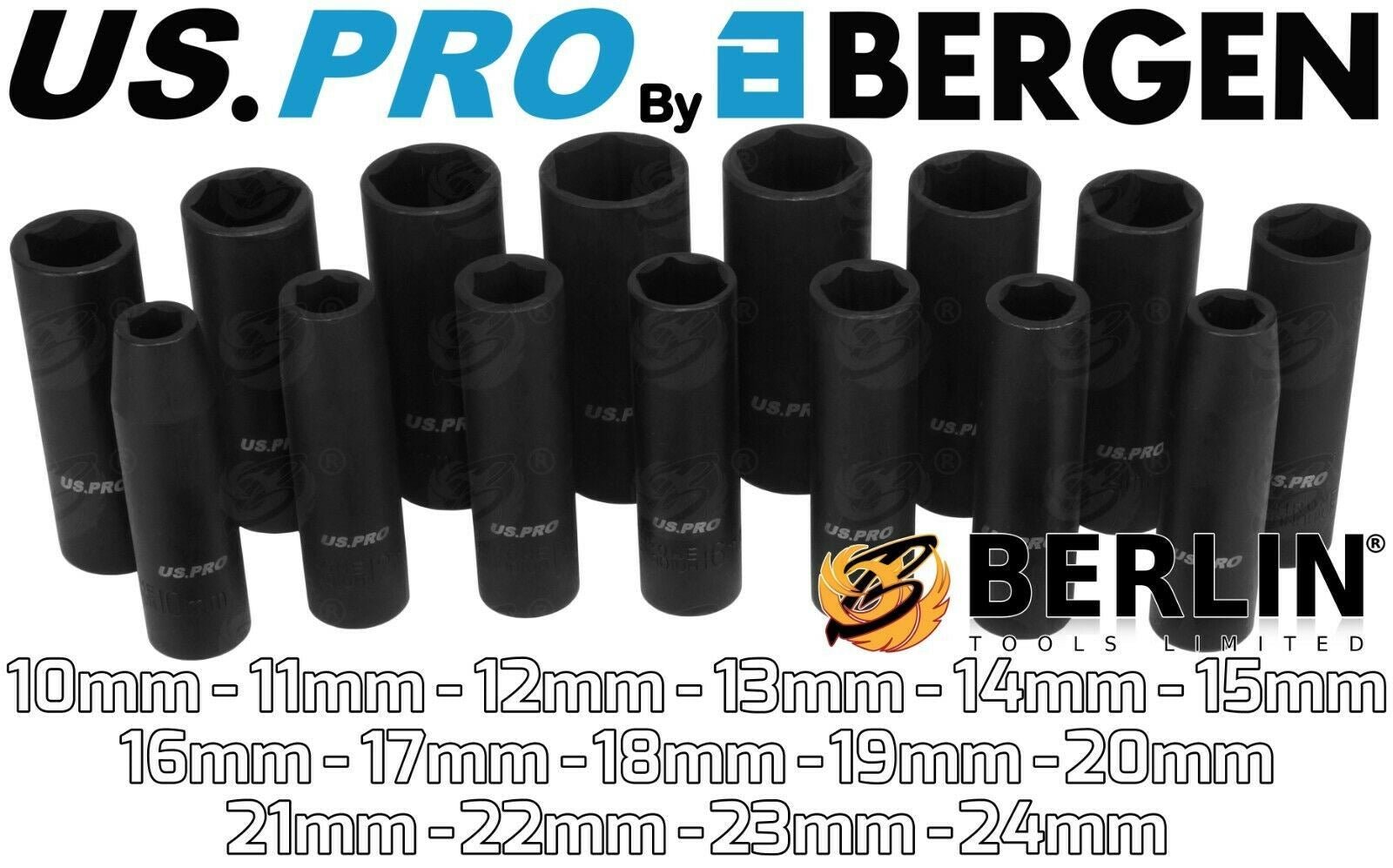 US PRO 1/2" DRIVE 6 POINT DEEP IMPACT SOCKETS & EXTENSIONS 10MM - 24MM