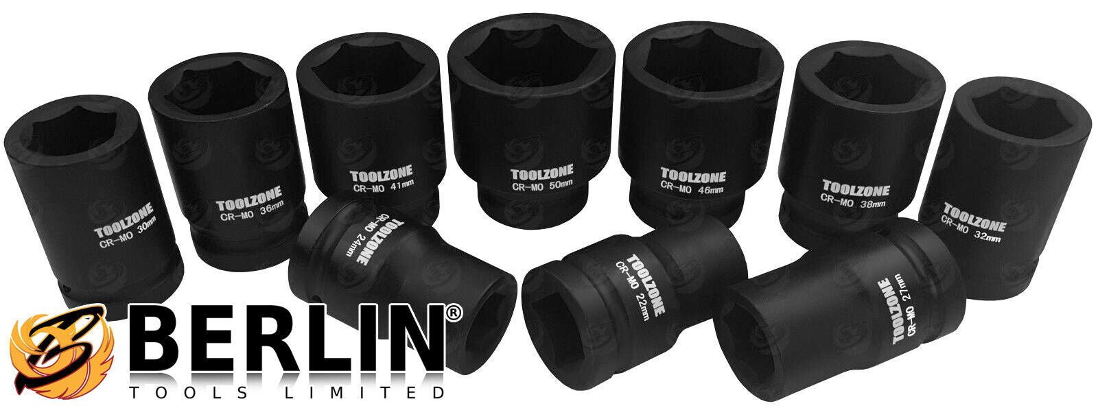 TOOLZONE 10PCS 1" DRIVE 6 POINT DEEP IMPACT SOCKETS 22MM - 50MM