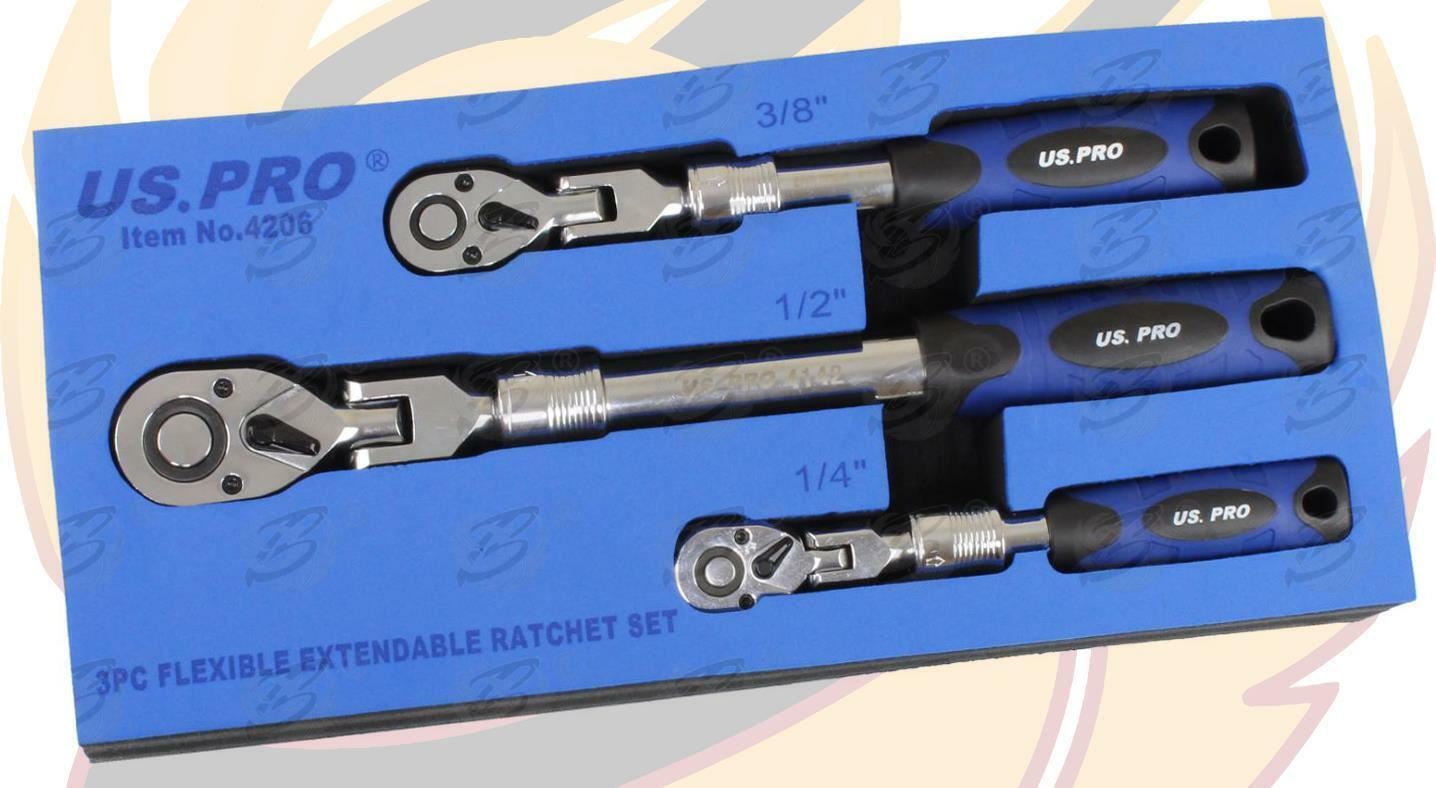 US Pro 3 Piece 1/4" & 3/8" & 1/2" Drive 72 Tooth Flexi Extendable Ratchet Handles ( 4206 )