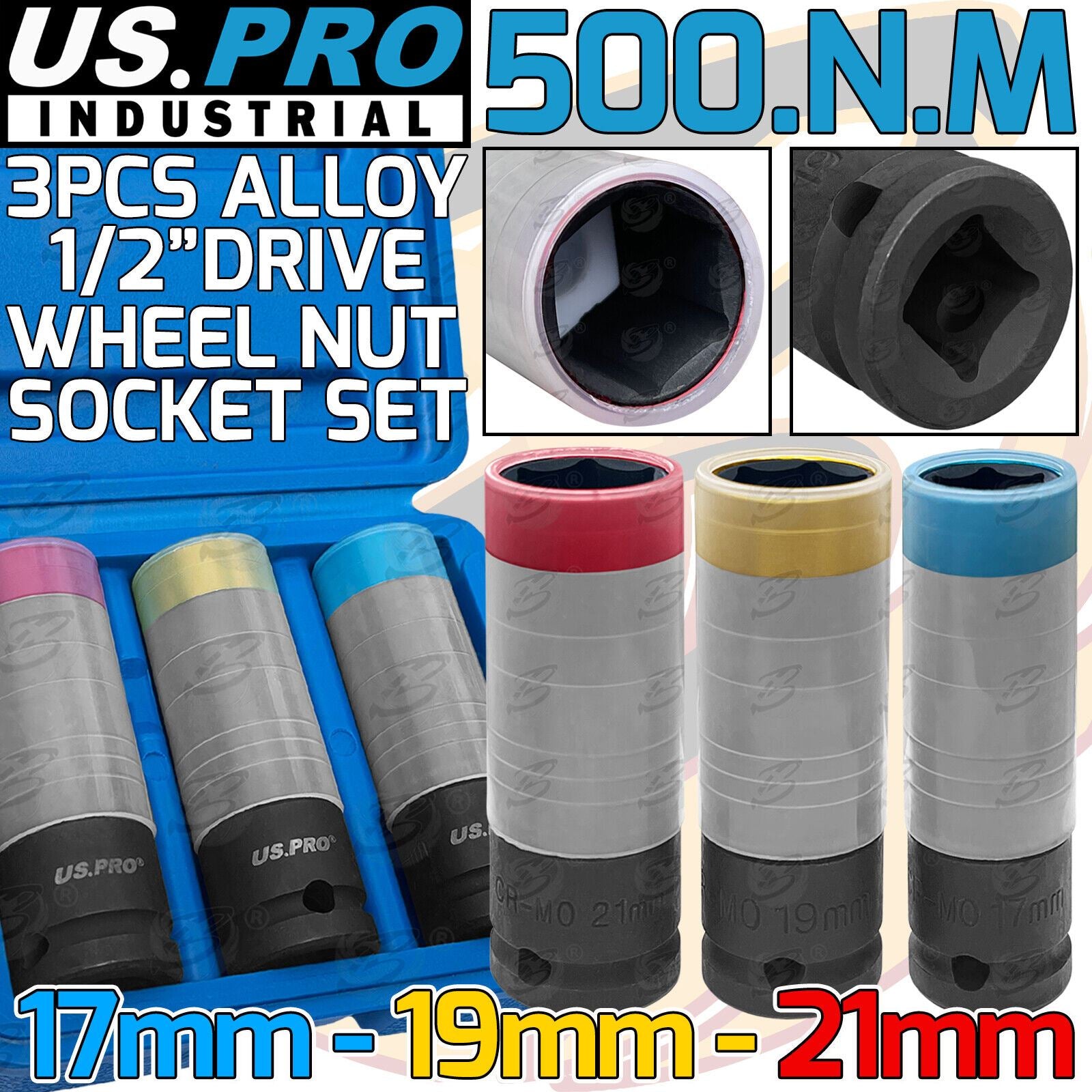 US PRO INDUSTRIAL 3PCS 1/2" DRIVE IMPACT ALLOY WHEEL NUT SOCKETS 17MM - 21MM