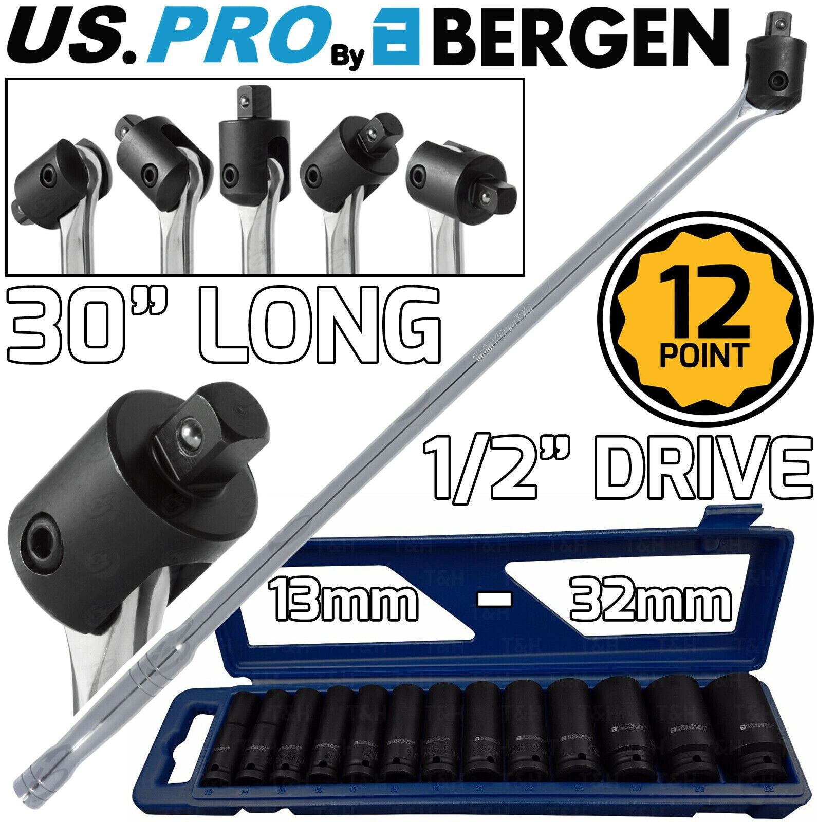 US PRO 1/2" DRIVE 30" LONG BREAKER BAR & 13PCS 12 POINT DEEP IMPACT SOCKETS 13MM - 32MM