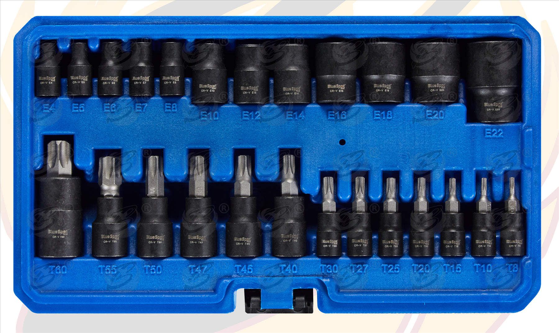 BLUESPOT 25PCS 1/4" & 3/8" & 1/2" DRIVE TORX & E - TORX SOCKETS ( E4 - E22 ) ( T8 - T60 )