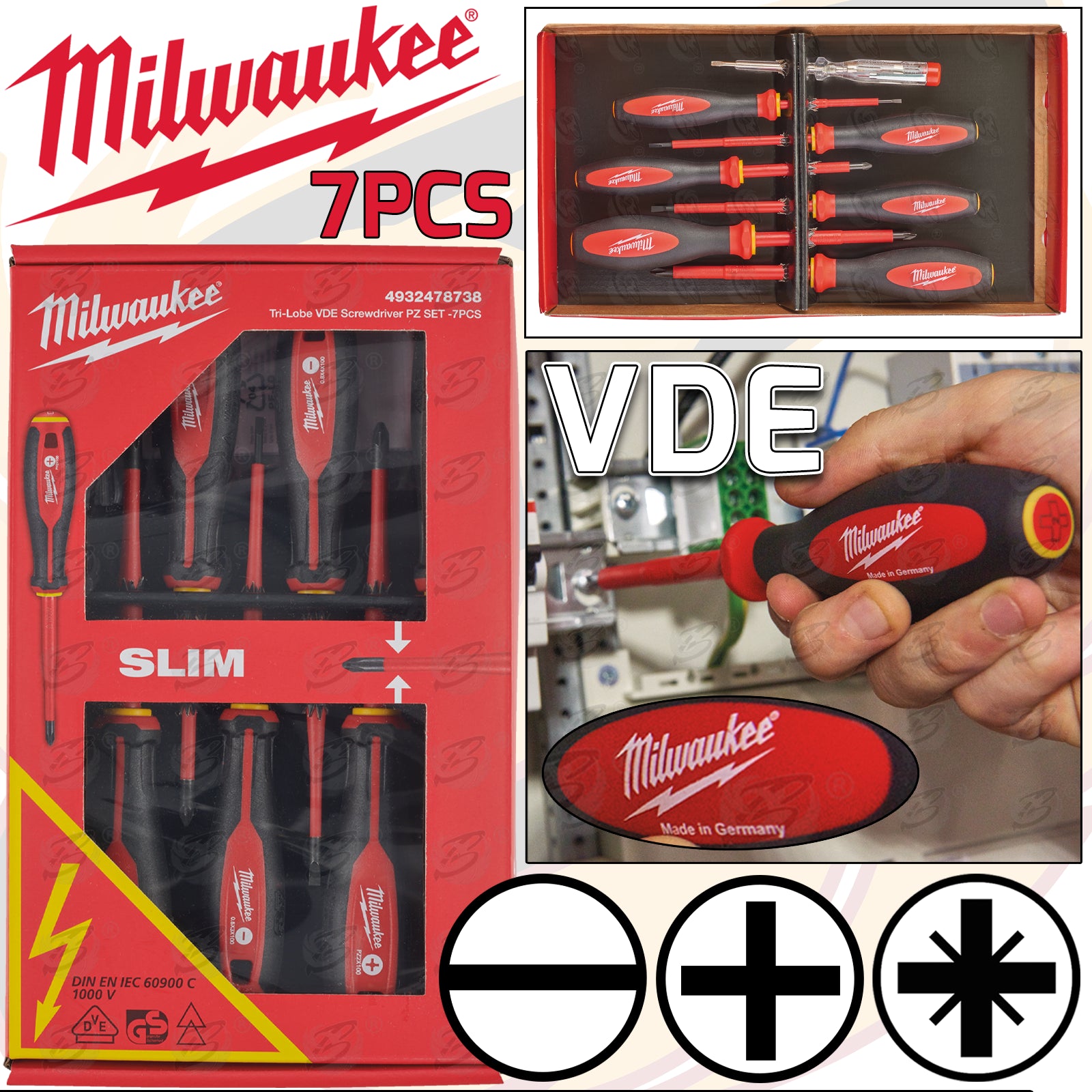 MILWAUKEE 7PCS TRI - LOBE VDE SCREWDRIVER SET ( SLOTTED - PHILLIPS - POZIDRIVE )