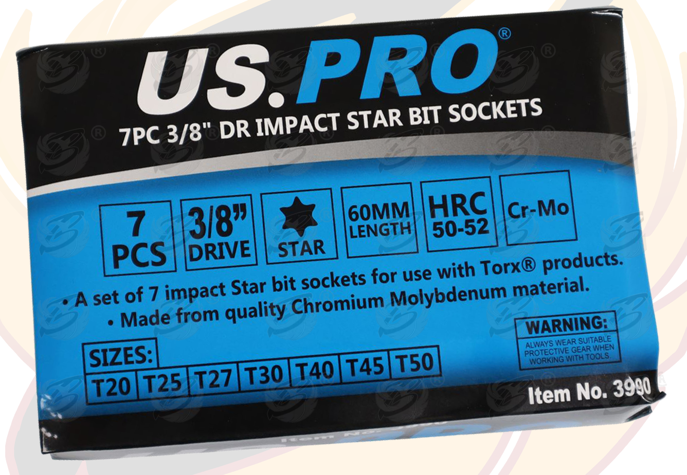 US Pro 7 Piece 3/8" Drive Impact Torx Bit Sockets T20 - T50  3990