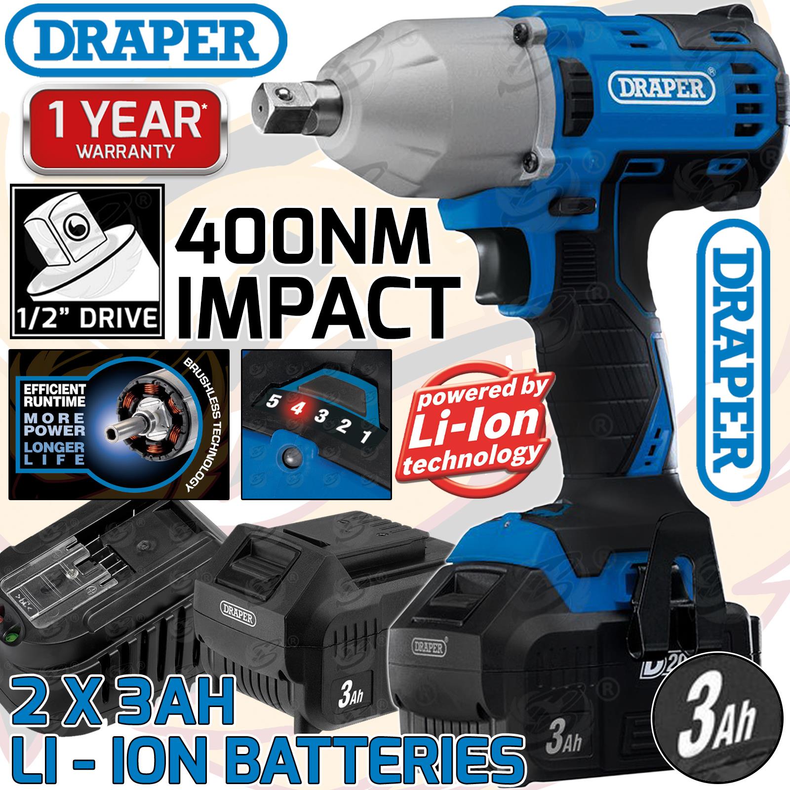 DRAPER 20V 400NM 1/2" DRIVE CORDLESS IMPACT WRENCH BRUSHLESS x2 3AH LI-ION BATTERIES