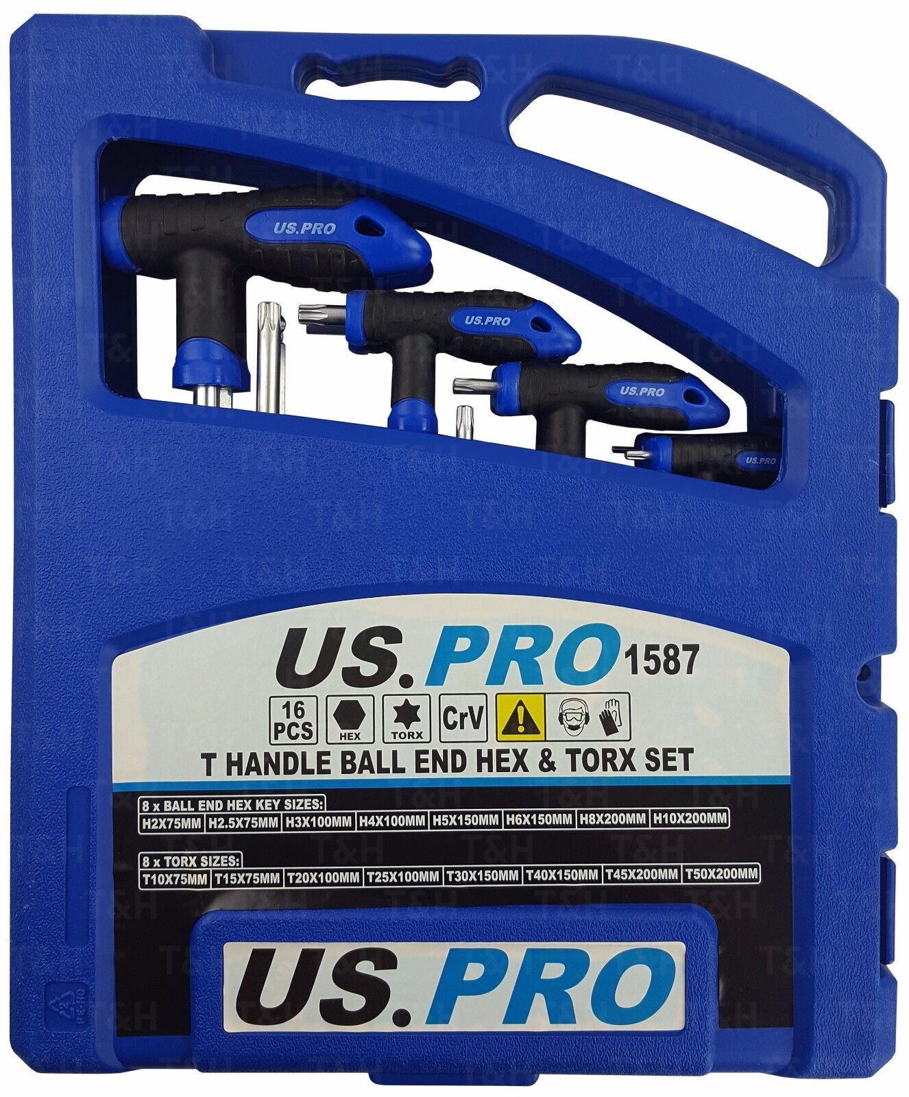 US Pro 16 Piece T - Handle Hex & Torx Key Set H2 - H10 & T10 - T50 1587