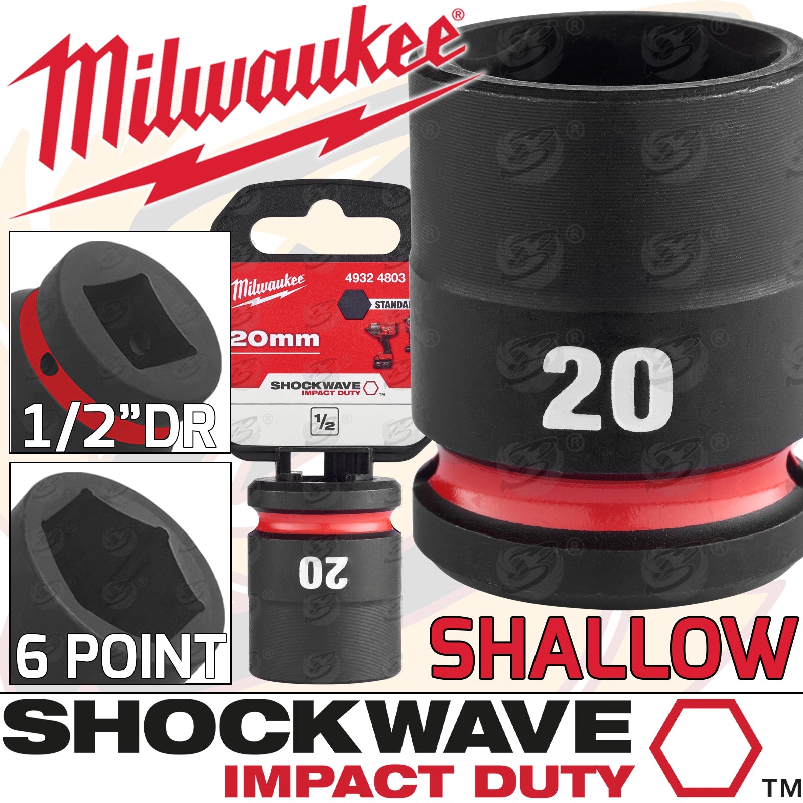 MILWAUKEE 20MM 1/2" DRIVE 6 POINT SHALLOW IMPACT SOCKET ( SINGLE )