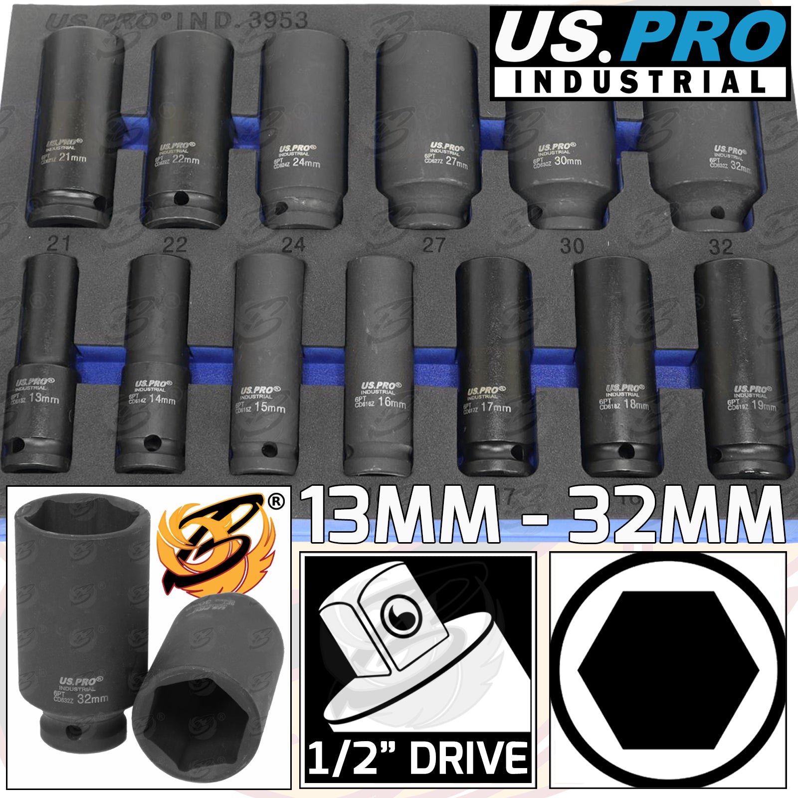 US PRO INDUSTRIAL 13PCS 1/2" DRIVE 6 POINT DEEP IMPACT SOCKETS 13MM - 32MM