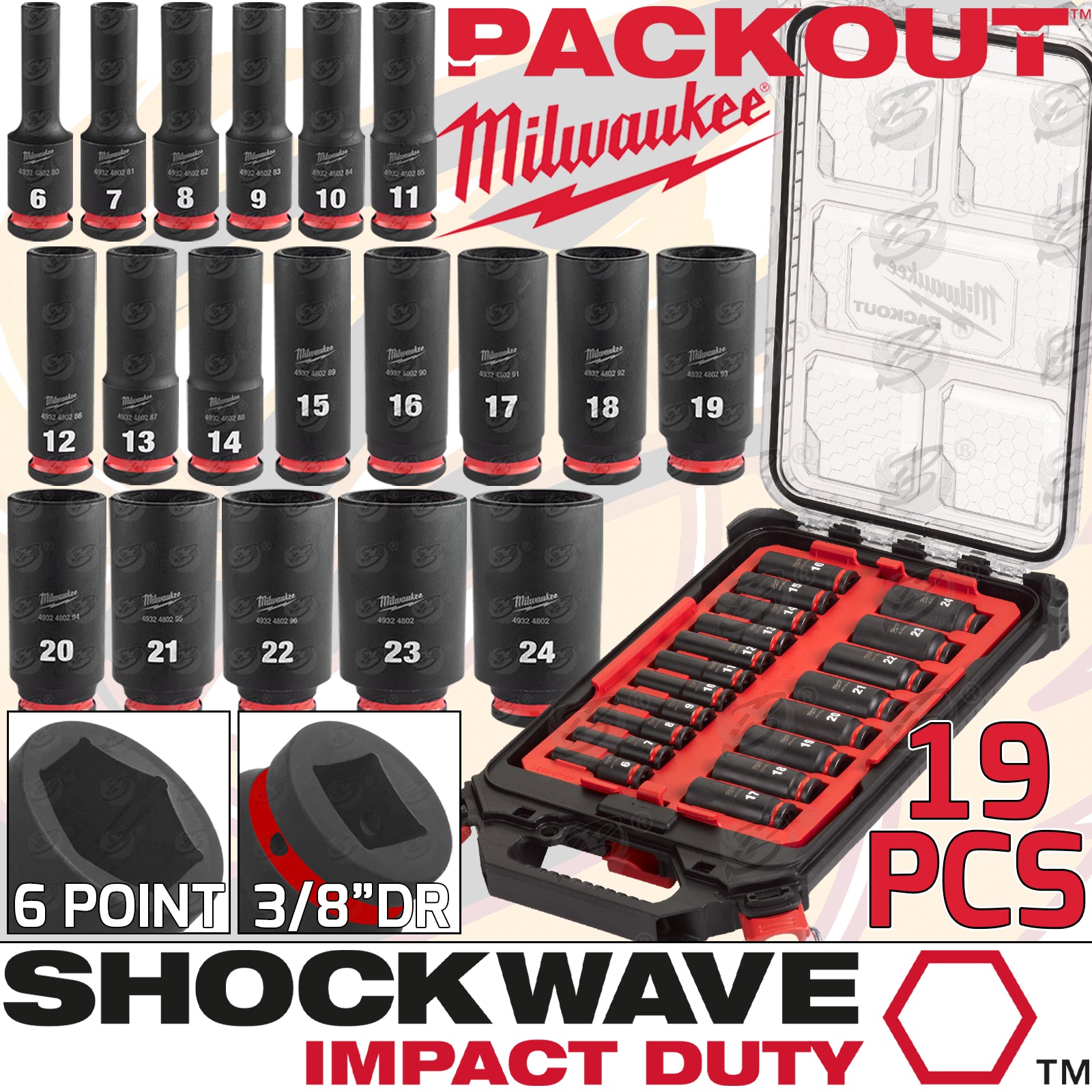 MILWAUKEE 19PCS 3/8" DRIVE 6 POINT DEEP IMPACT SOCKETS 6MM - 24MM IN PACKOUT ( SHOCKWAVE IMPACT DUTY )