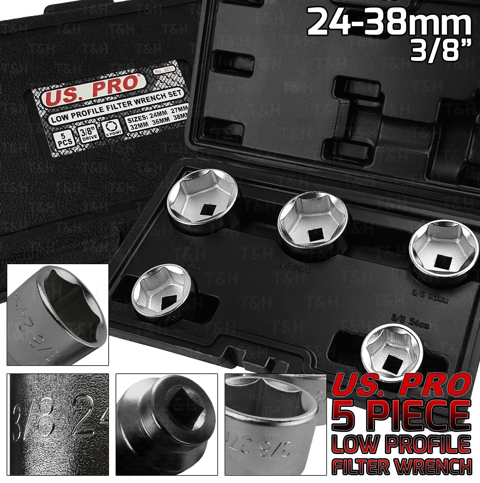US PRO 5PCS 3/8" DRIVE 6 POINT LOW PROFILE OIL FILTER SOCKETS 24MM - 38MM