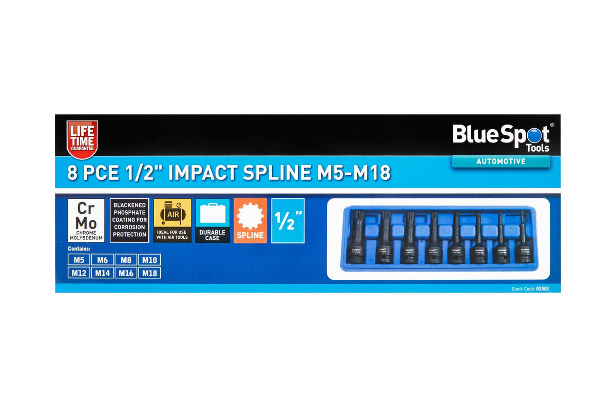 BlueSpot 8 Piece 1/2" Drive Impact Spline Bit Sockets M5 - M18 With A Manufacturers LifeTime Guarantee 01501