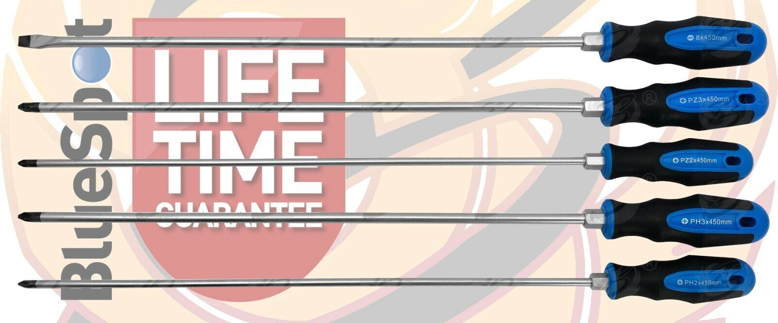 BlueSpot 5 Piece Extra Long Magnetic Screwdriver Set ( Slotted - PHillips - Pozidrive ) 12070