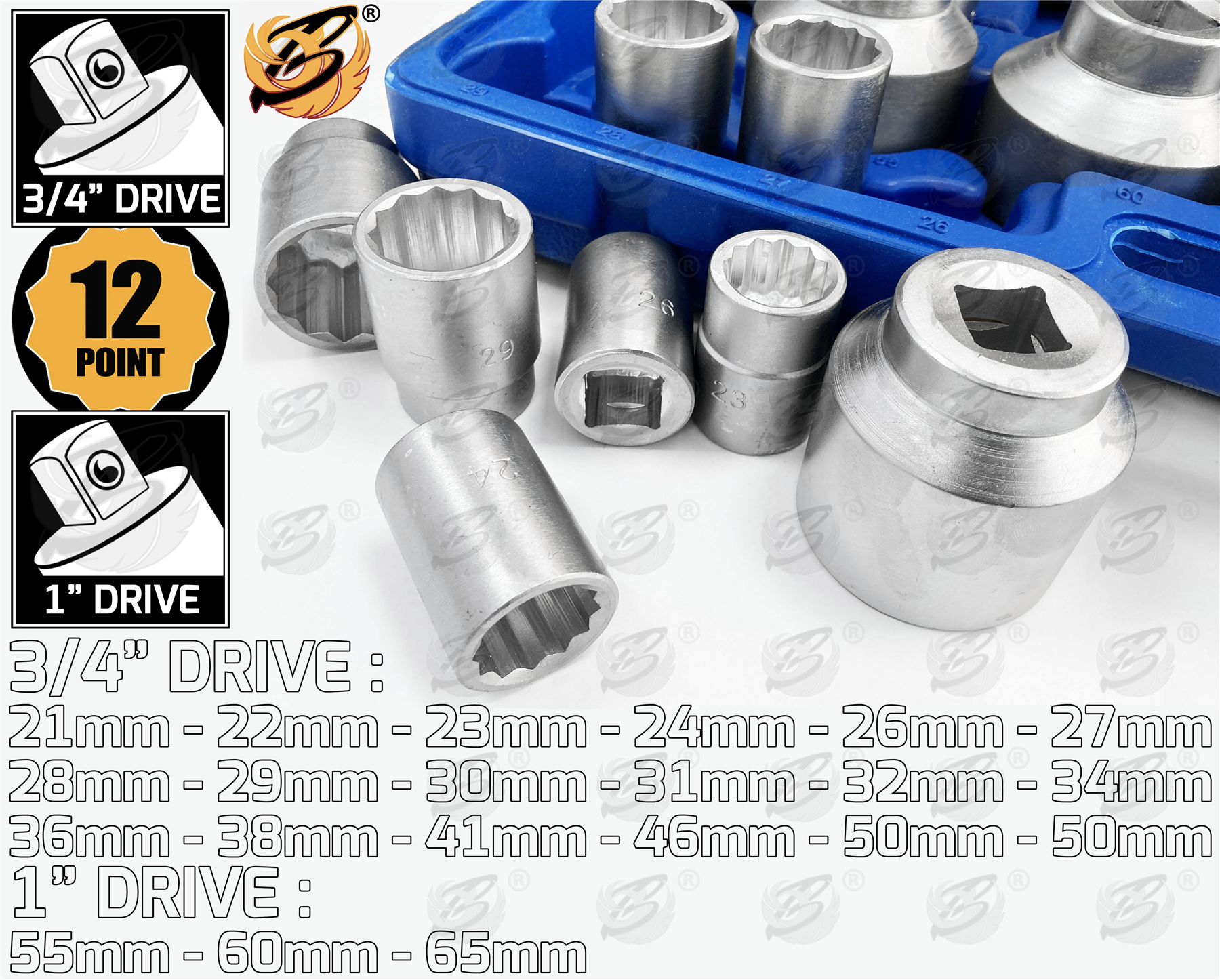 Toolzone 26 Piece 3/4" & 1" Drive 12 Point Socket Set 21mm - 65mm ( SS301 )