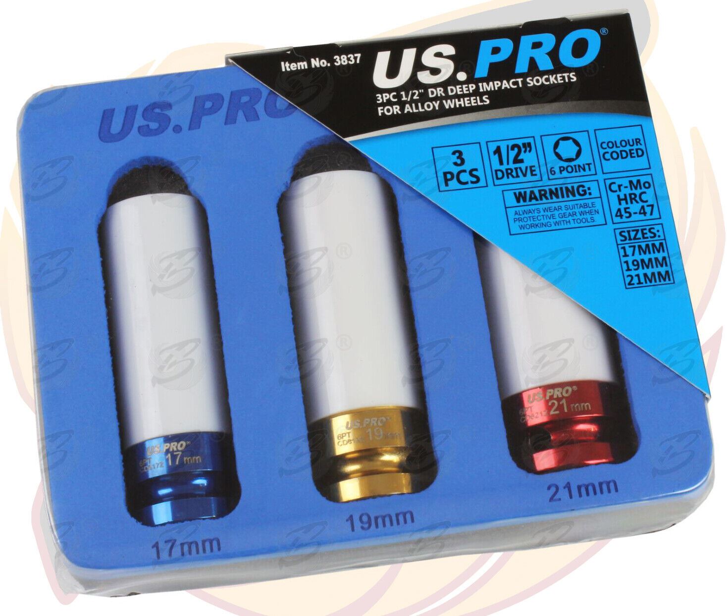 US Pro 3 Piece 1/2" Drive 6 Point Deep Alloy Wheel Nut Sockets 17mm - 21mm 3837