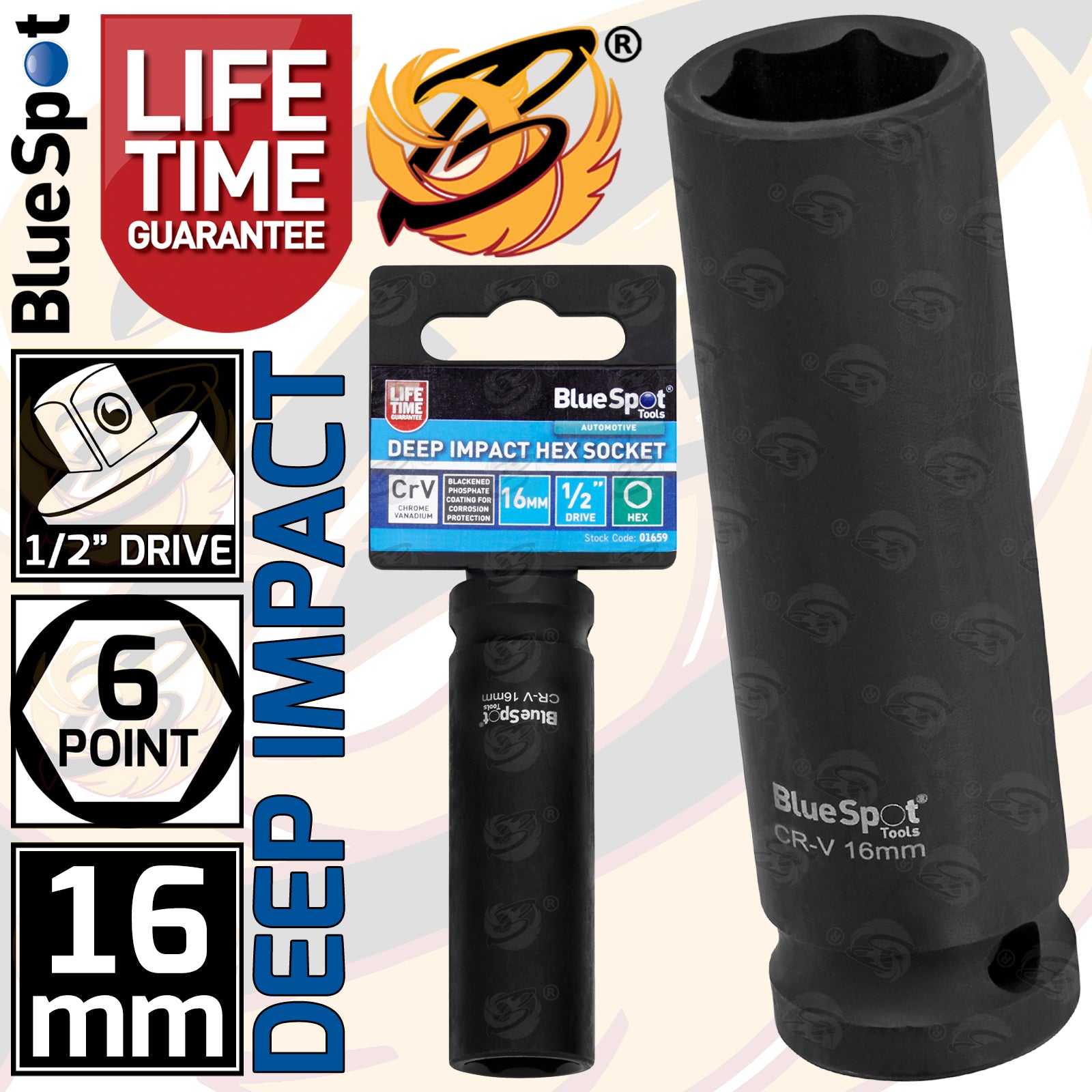 BLUESPOT 16MM 1/2" DRIVE 6 POINT DEEP IMPACT SOCKET ( SINGLE )