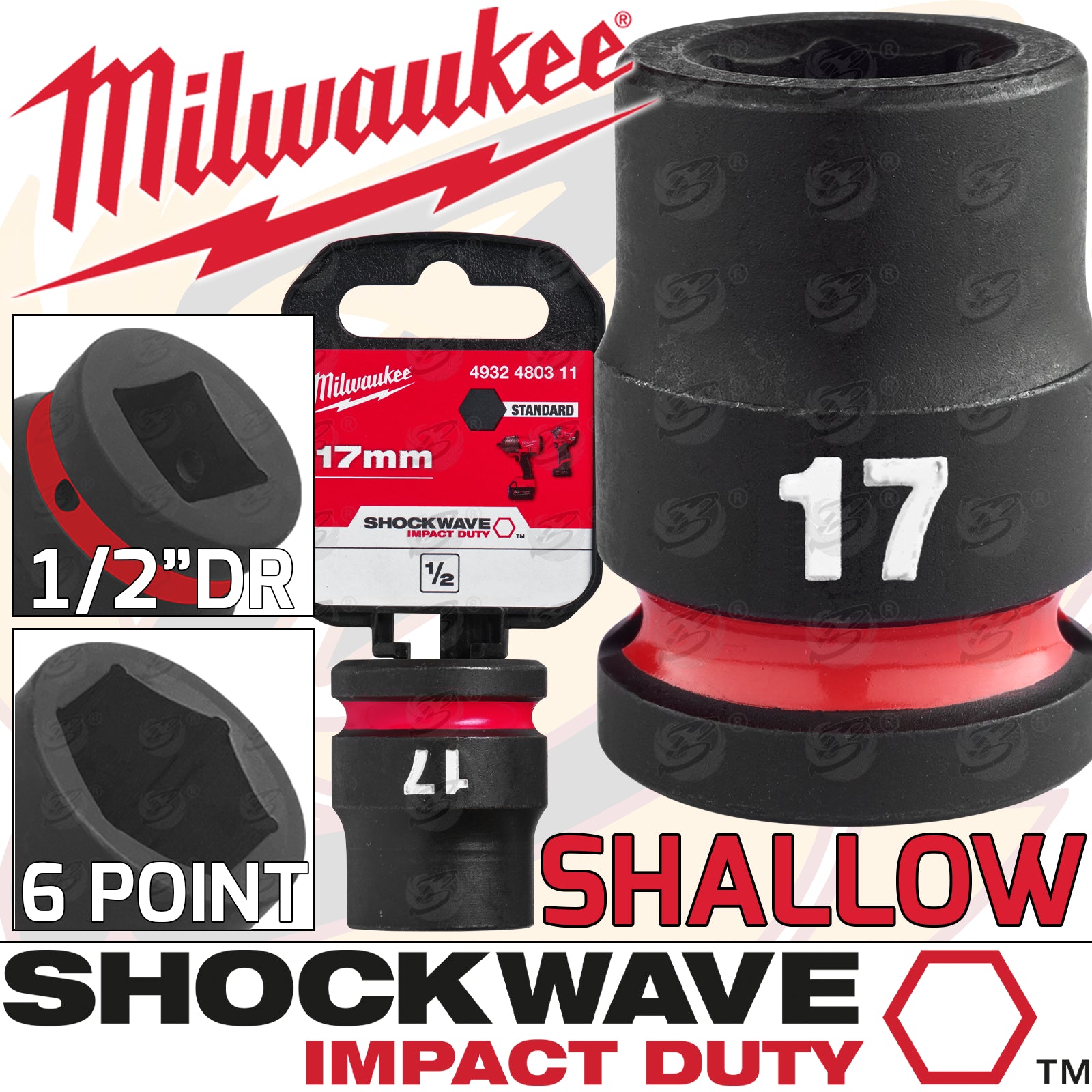 MILWAUKEE 17MM 1/2" DRIVE 6 POINT SHALLOW IMPACT SOCKET ( SINGLE )