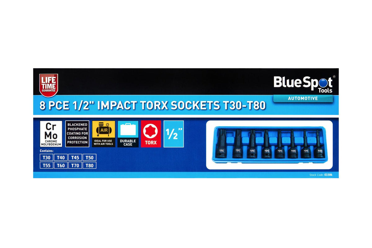 BlueSpot 8 Piece 1/2" Drive Impact Torx Bit Sockets T30 - T80 With A Manufacturers LifeTime Guarantee 01506