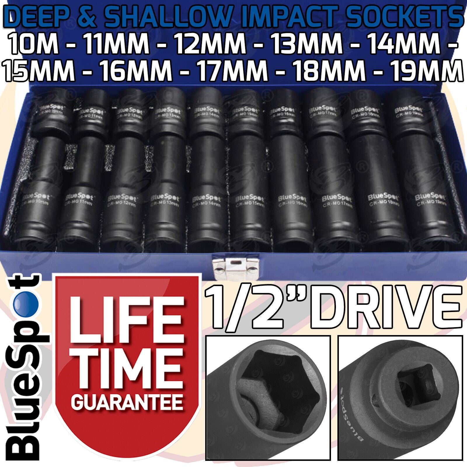 BLUESPOT 20PCS 1/2" DRIVE 6 POINT DEEP & SHALLOW IMPACT SOCKETS 10MM - 19MM