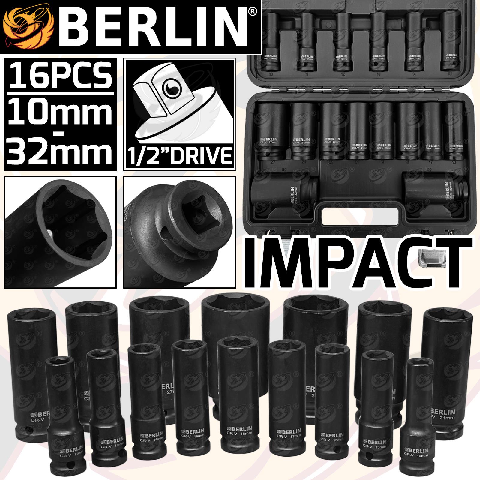 BERLIN 16PCS 1/2" DRIVE 6 POINT DEEP IMPACT SOCKETS 10MM - 32MM
