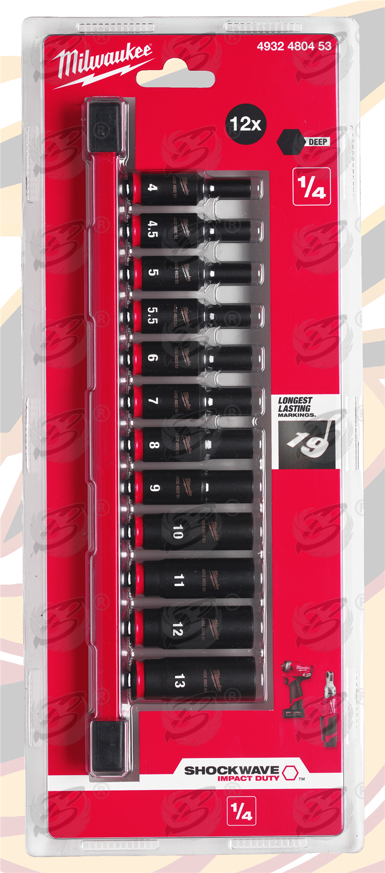 Milwaukee 12 Piece 1/4" Drive 6 Point Deep Impact Sockets 4mm - 13mm ( Shockwave Impact Duty ) ( 4932480453 )