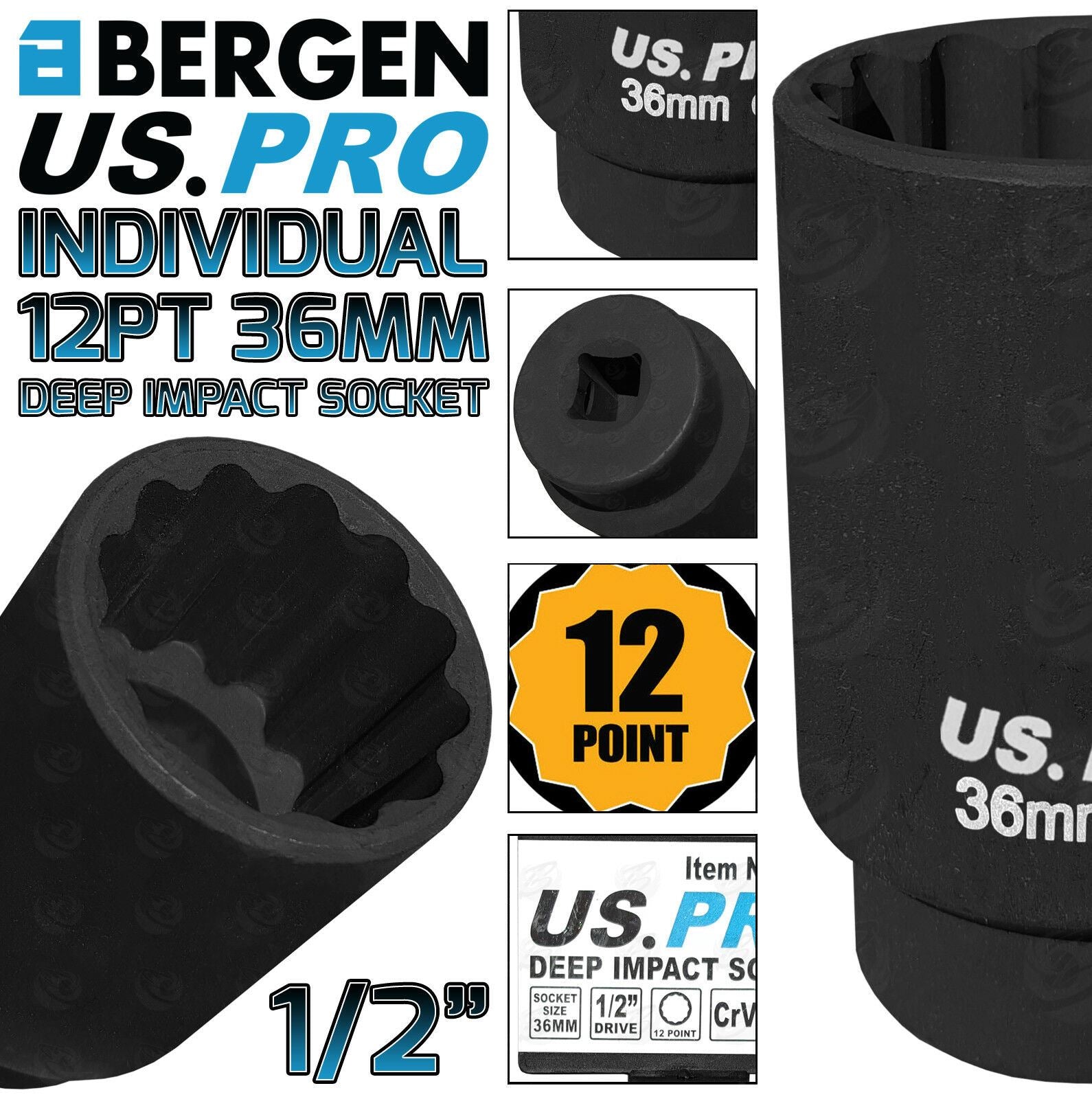 US PRO 36MM 1/2" DRIVE 12 POINT DEEP IMPACT SOCKET ( SINGLE )