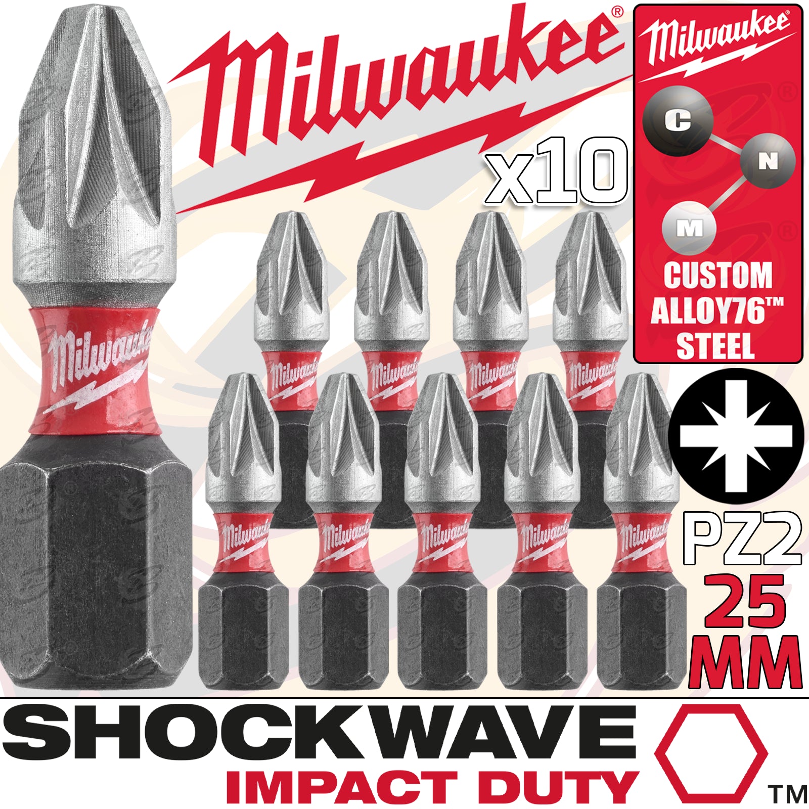 MILWAUKEE PZ2 x 25MM POZIDRIVE IMPACT DRILL / DRIVER BIT ( SHOCKWAVE IMPACT DUTY ) ( x 10 )