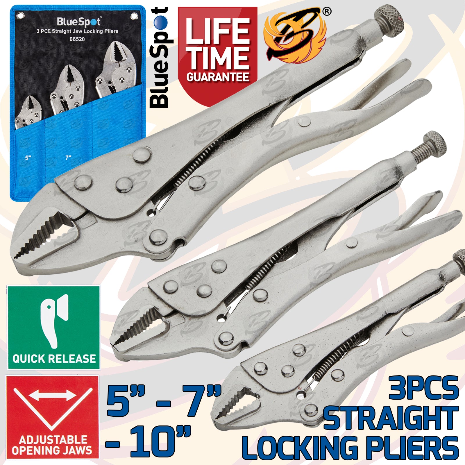 BLUESPOT 3 PCE STRAIGHT JAW LOCKING PLIERS IN WALLET (5", 7", 10")