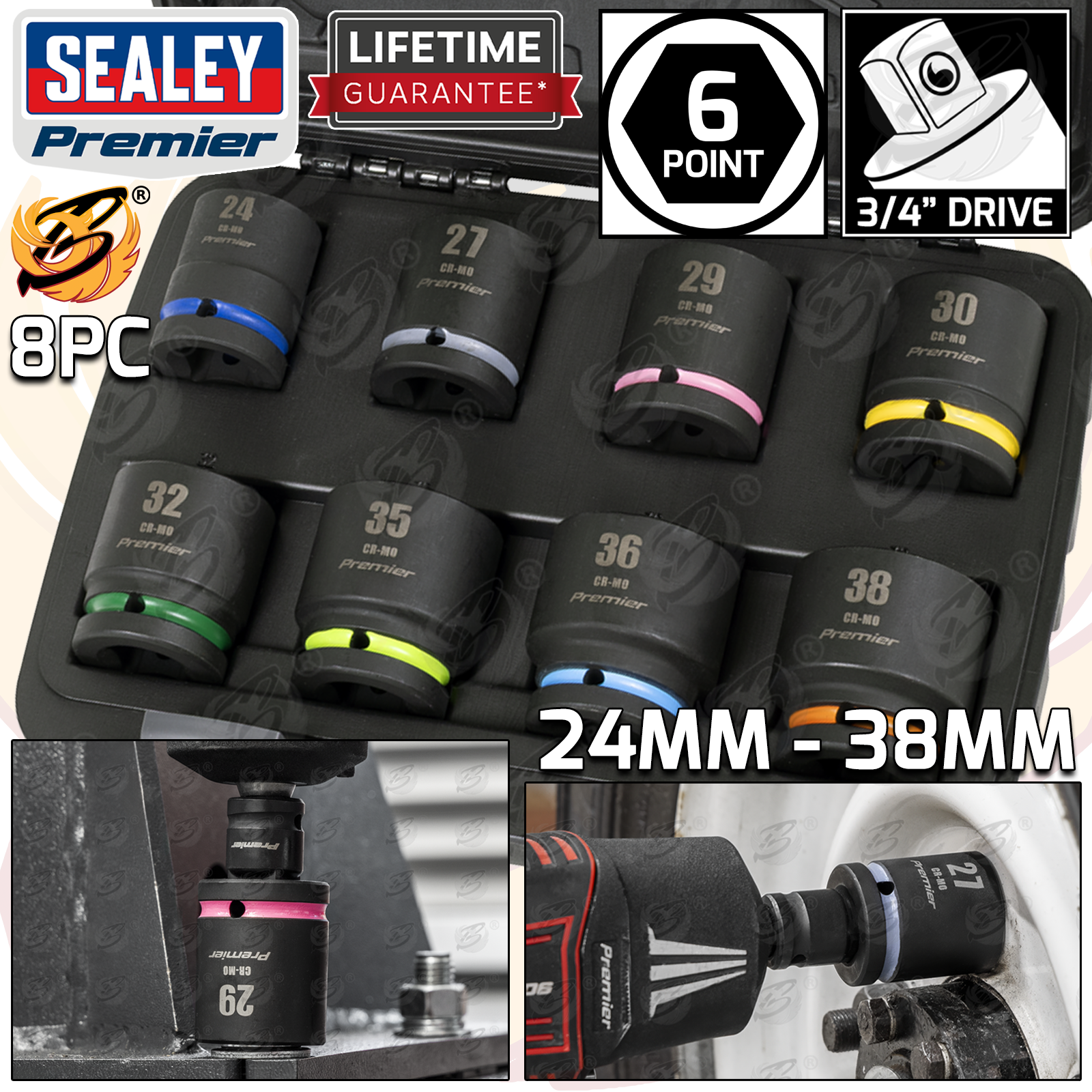 Sealey 8 Piece 3/4" Drive 6 Point Shallow Impact Sockets 24mm - 38mm ( AK8890M )