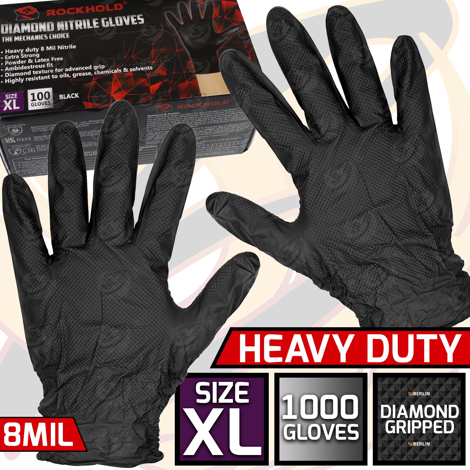 ROCKHOLD HEAVY DUTY BLACK 8 MIL NITRILE DIAMOND GRIP GLOVES ( X LARGE - 1000 GLOVES )