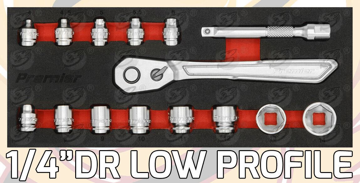 SEALEY 15PCS 1/4" DRIVE 6 POINT 90 TOOTH  LOW PROFILE SOCKET SET 4MM - 14MM