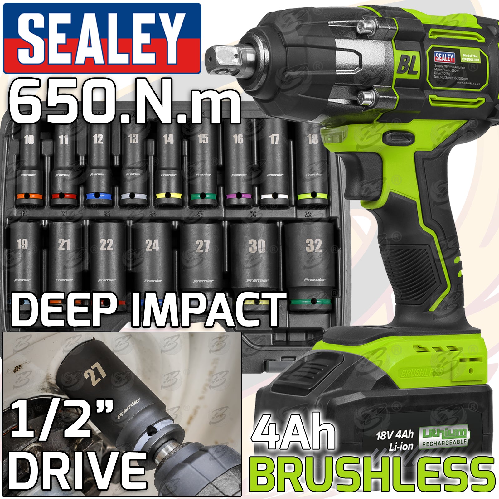 SEALEY 18V 4Ah 1/2" DRIVE BRUSHLESS IMPACT WRENCH 650Nm & 16PCS 6 POINT DEEP IMPACT SOCKETS 10MM - 32MM