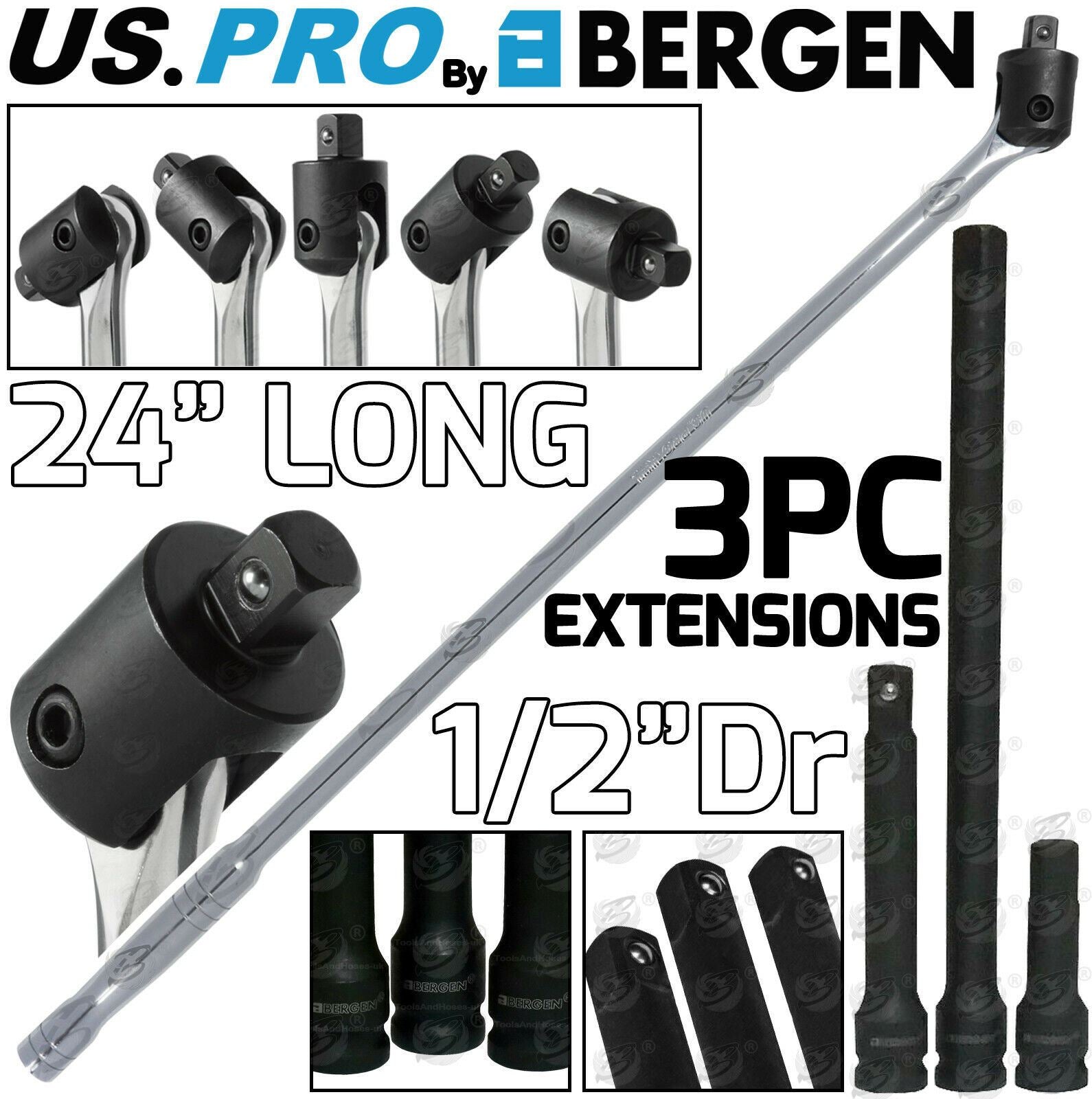 US PRO 1/2" DRIVE 24" LONG BREAKER BAR & 3PCS 1/2" DRIVE IMPACT EXTENSION BARS 75MM - 125MM - 250MM
