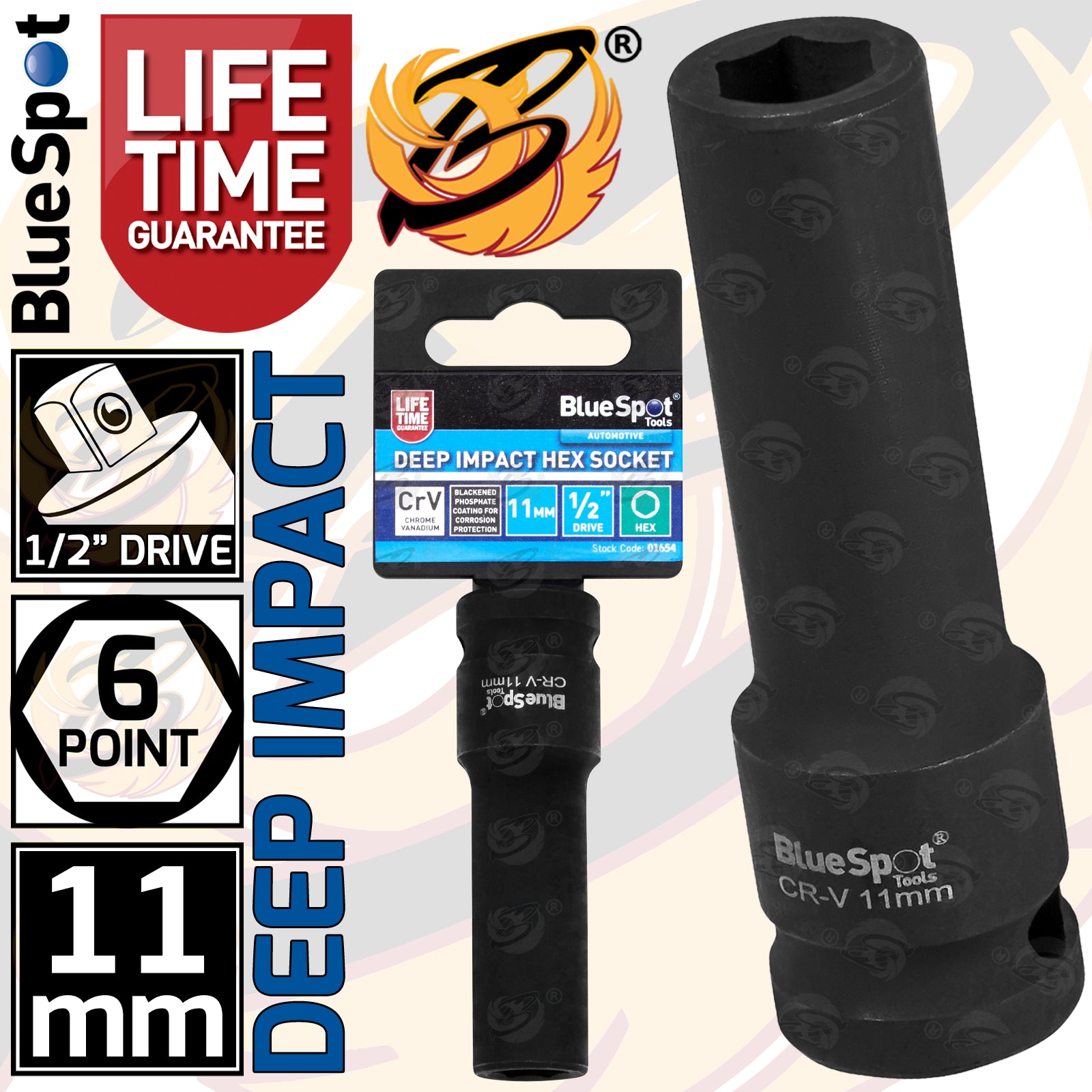 BLUESPOT 11MM 1/2" DRIVE 6 POINT DEEP IMPACT SOCKET ( SINGLE )