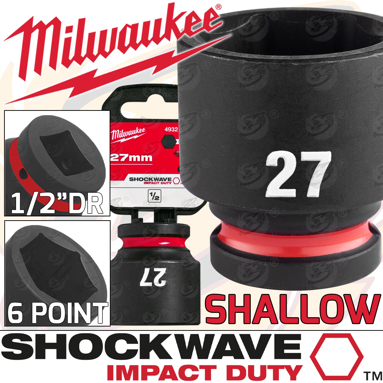 MILWAUKEE 27MM 1/2" DRIVE 6 POINT SHALLOW IMPACT SOCKET ( SINGLE )