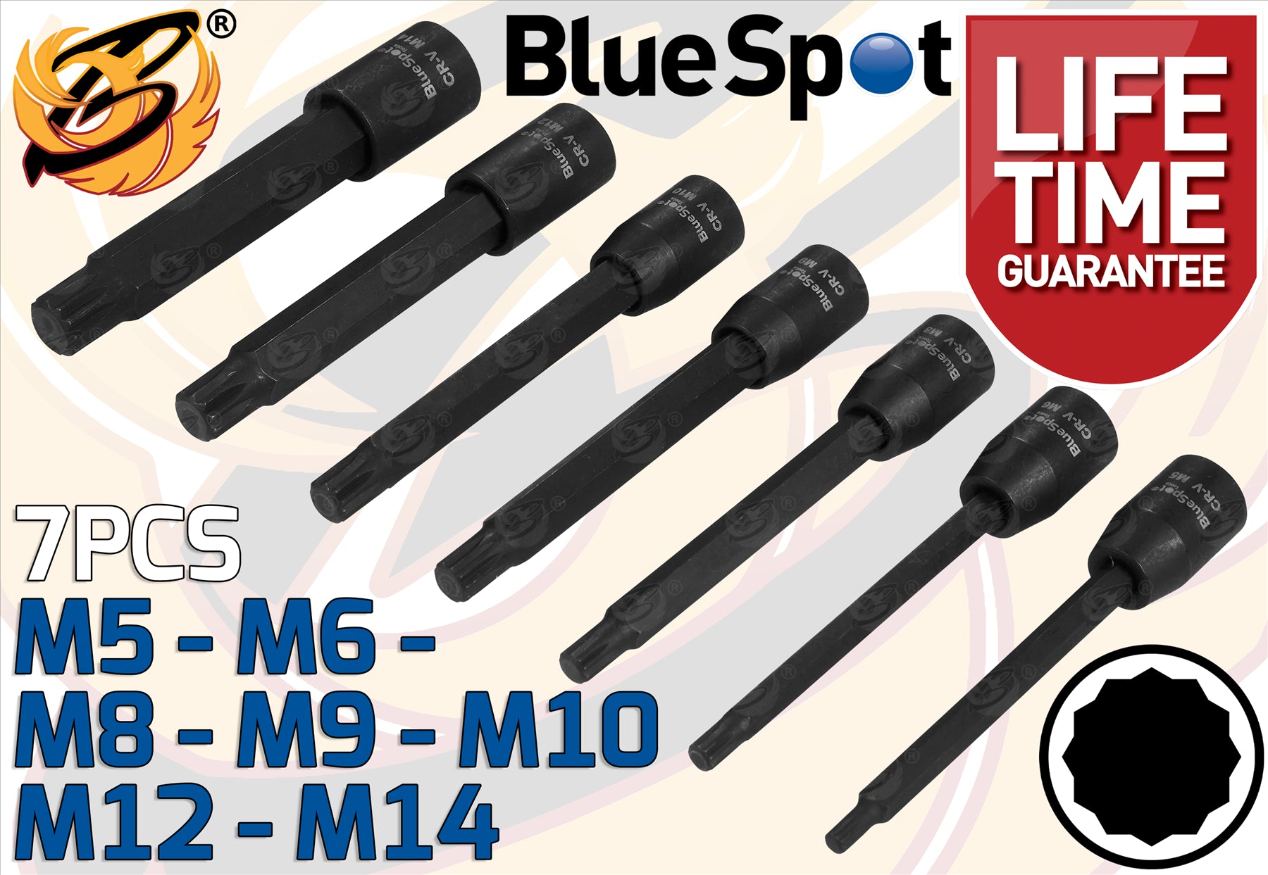 BLUESPOT 7PCS 3/8" DRIVE EXTRA LONG IMPACT SPLINE BIT SOCKETS M5 - M14