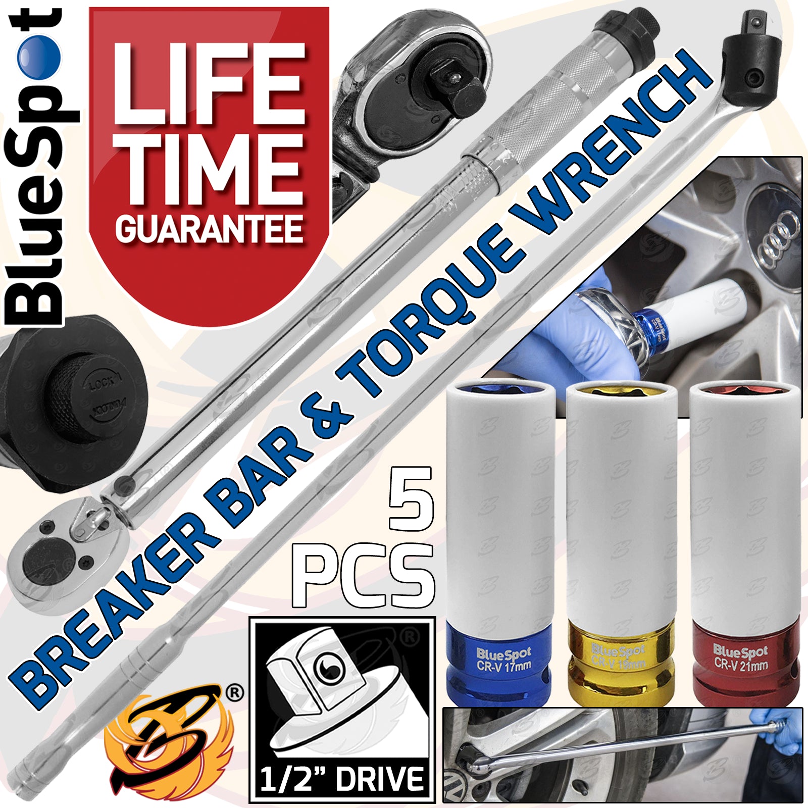 BLUESPOT 1/2" DRIVE BREAKER BAR & CALIBRATED TORQUE WRENCH 42Nm - 210Nm & 3PCS 1/2" DRIVE 6 POINT ALLOY WHEEL NUT SOCKETS