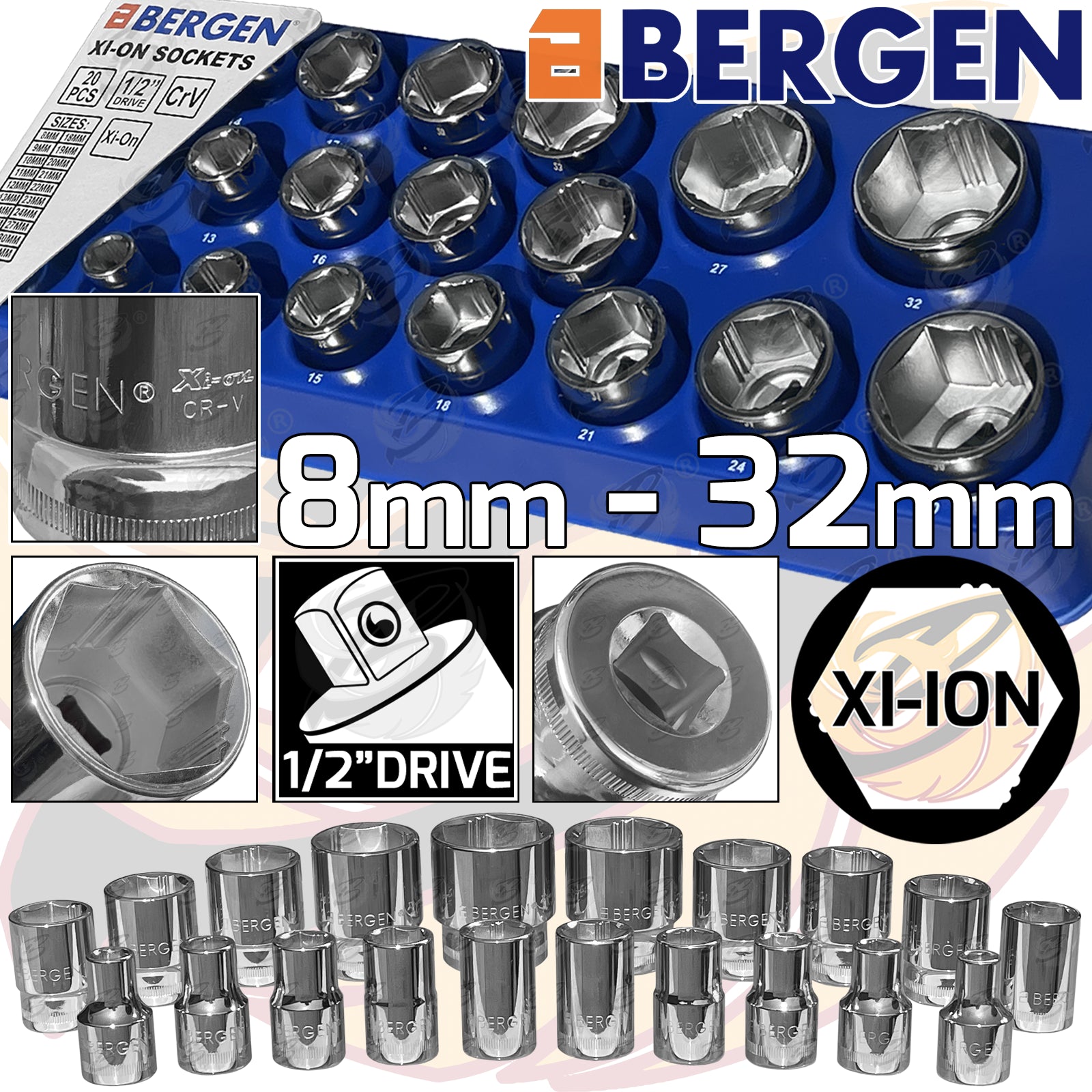 BERGEN 20PCS 1/2" DRIVE 6 POINT SHALLOW Xi - ION SOCKETS 8MM - 32MM