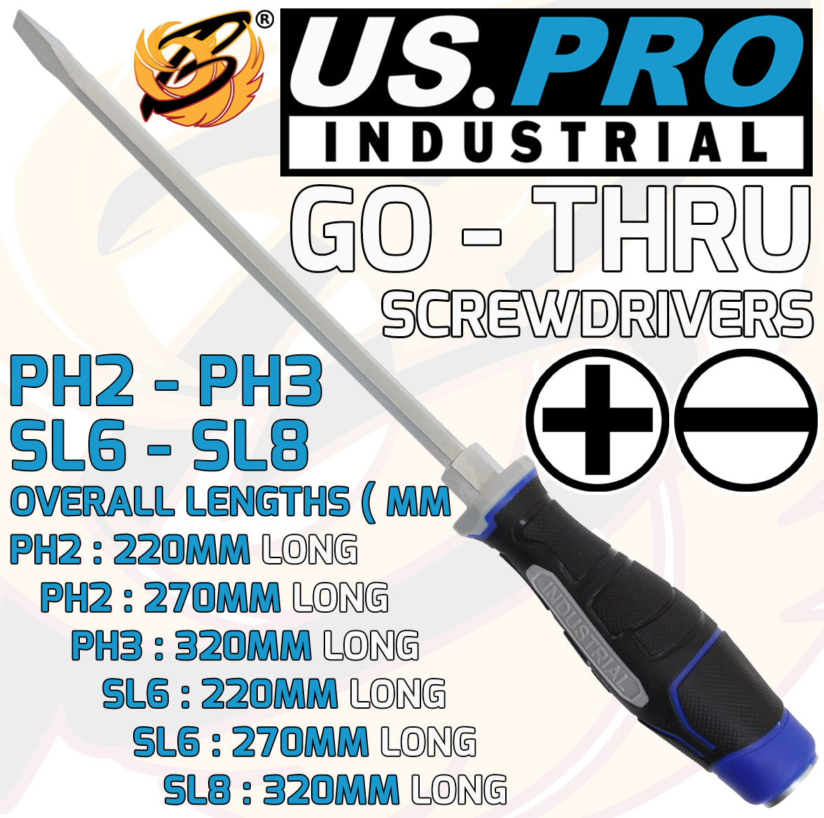 US PRO INDUSTRIAL 6PCS MAGNETIC SCREWDRIVER SET ( SLOTTED - PHILLIPS )